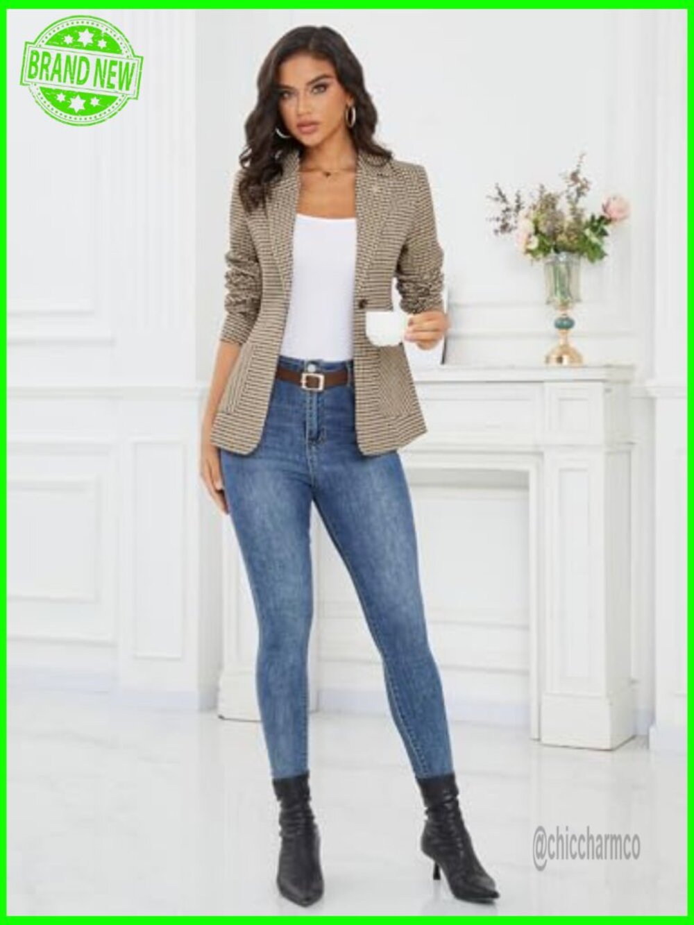 Plaid Blazer with Embroidered Collar Houndstooth Work Office Jacket - Picture 6 of 7